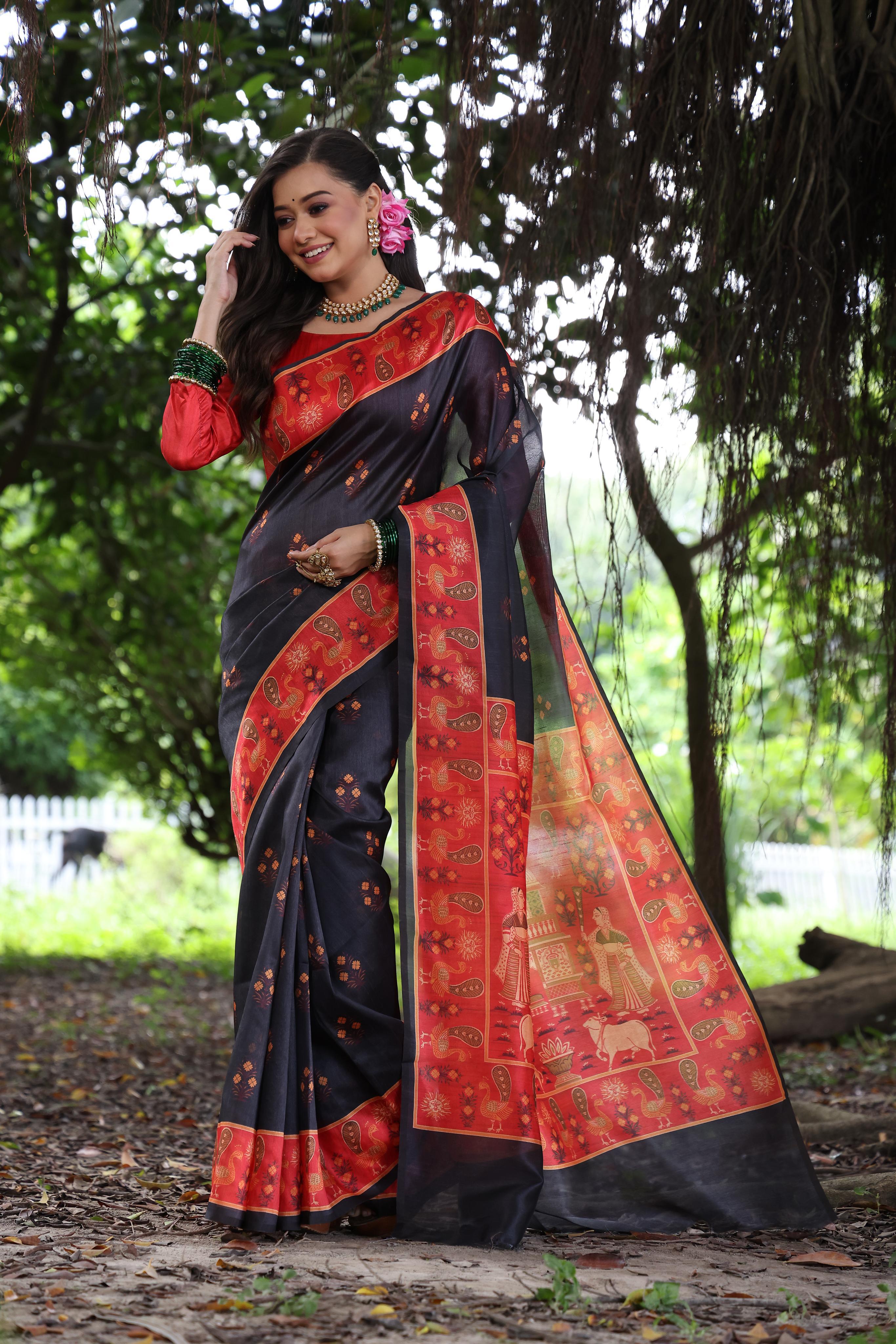 Premium Mixture of Peacock and Pichwai Print Soft Tussar Silk Saree